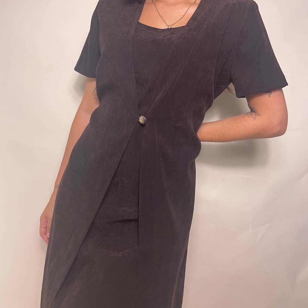 Vintage brown micro suede layered knee length dress with leopard print accent